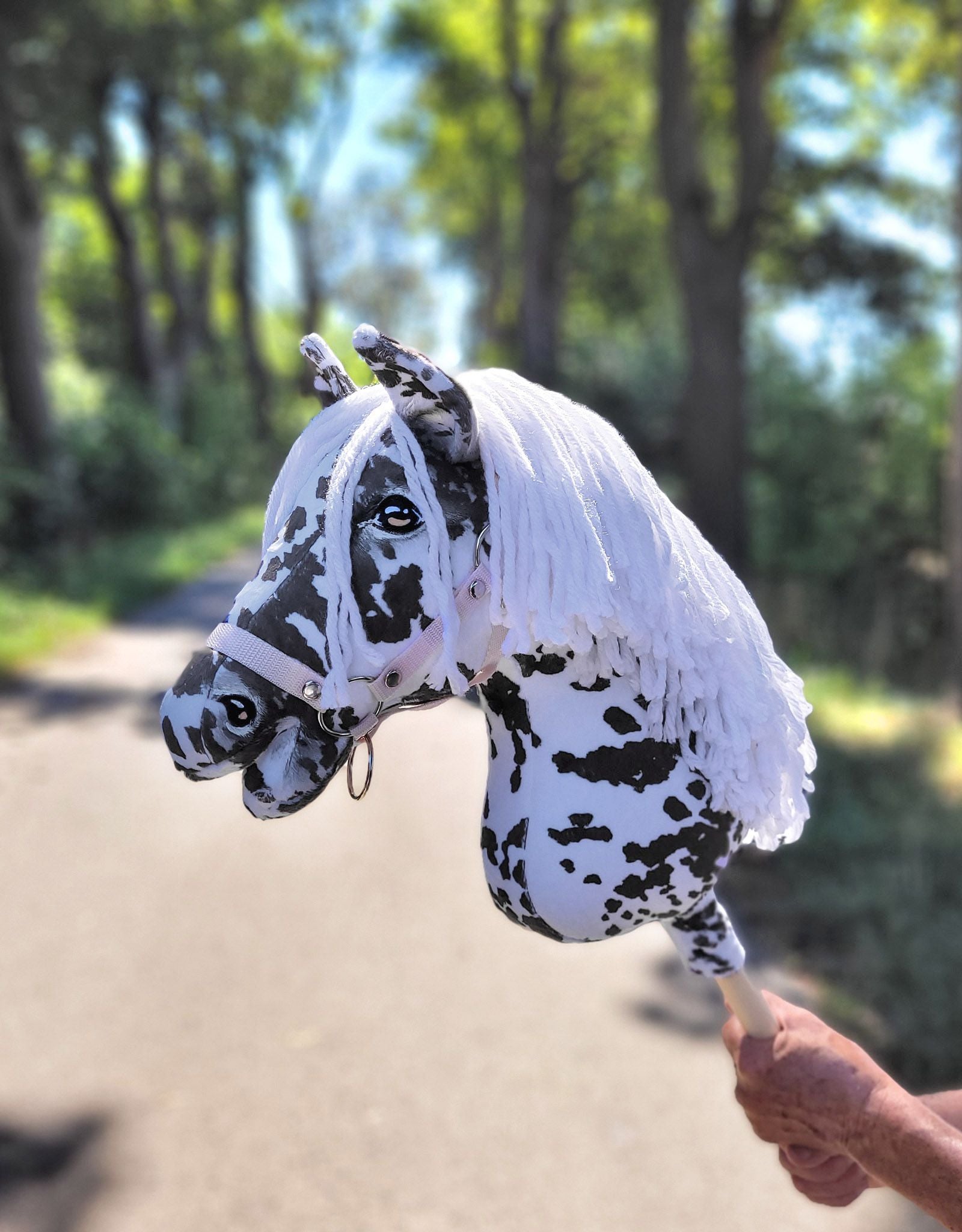 Horse on a stick Super Hobby Horse Premium - leopard horse with a white mane A3