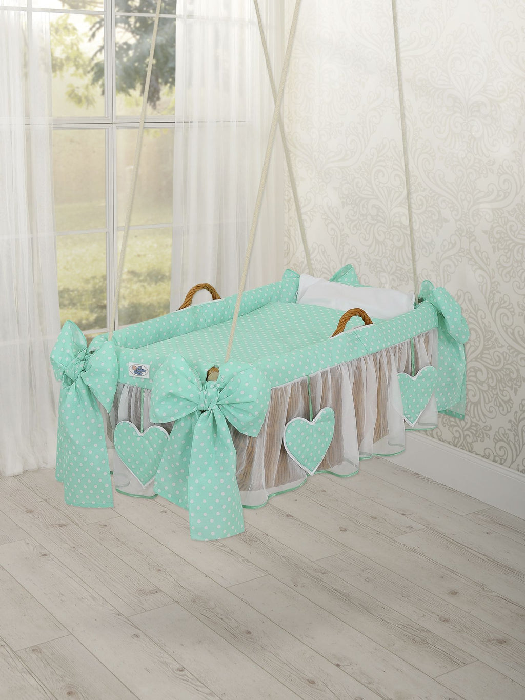 Moses Basket Hanging crib - Mint green dots