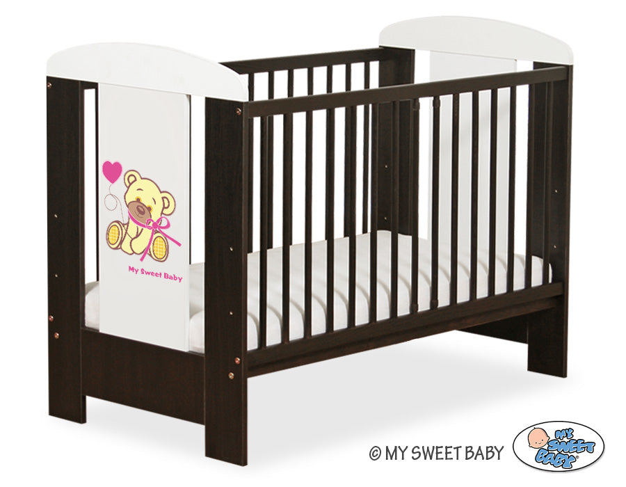Wooden baby cot 120x60cm teddy bear with a bow pink-brown