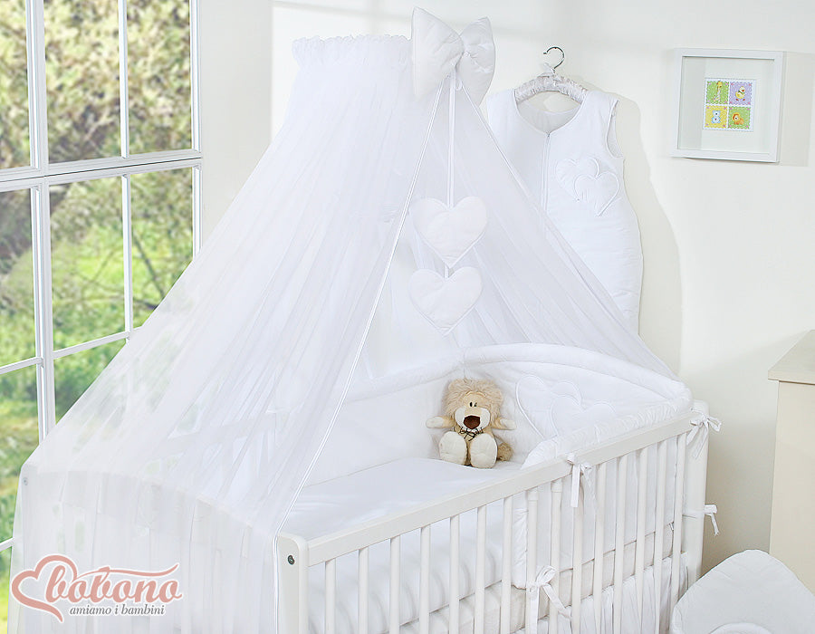 Large mosquito net for baby's bed made of chiffon with hanging hearts and a bow - white