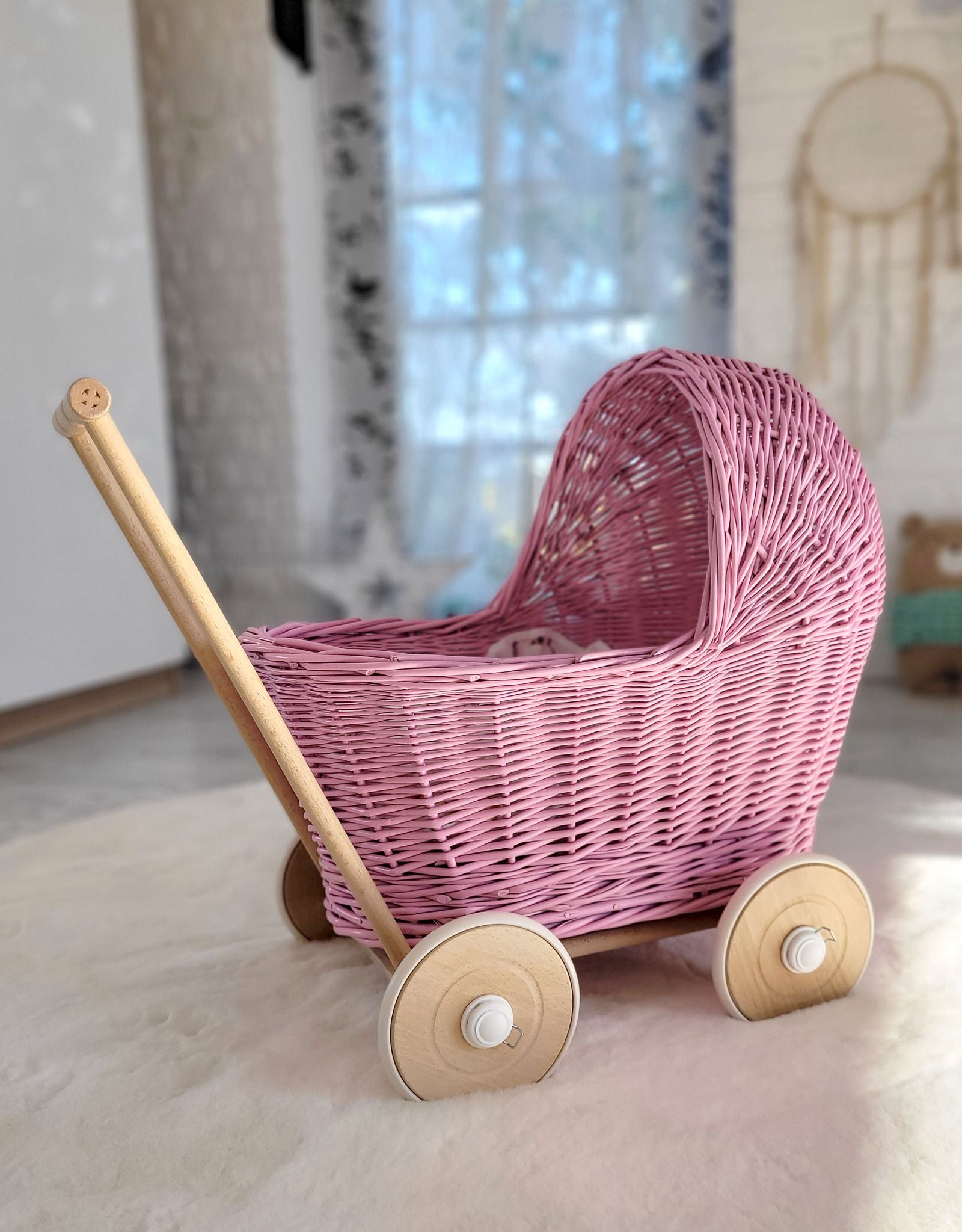 Wicker doll pushchair - pink