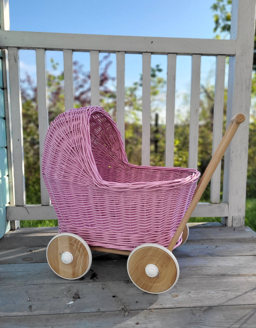 Wicker doll pushchair - pink