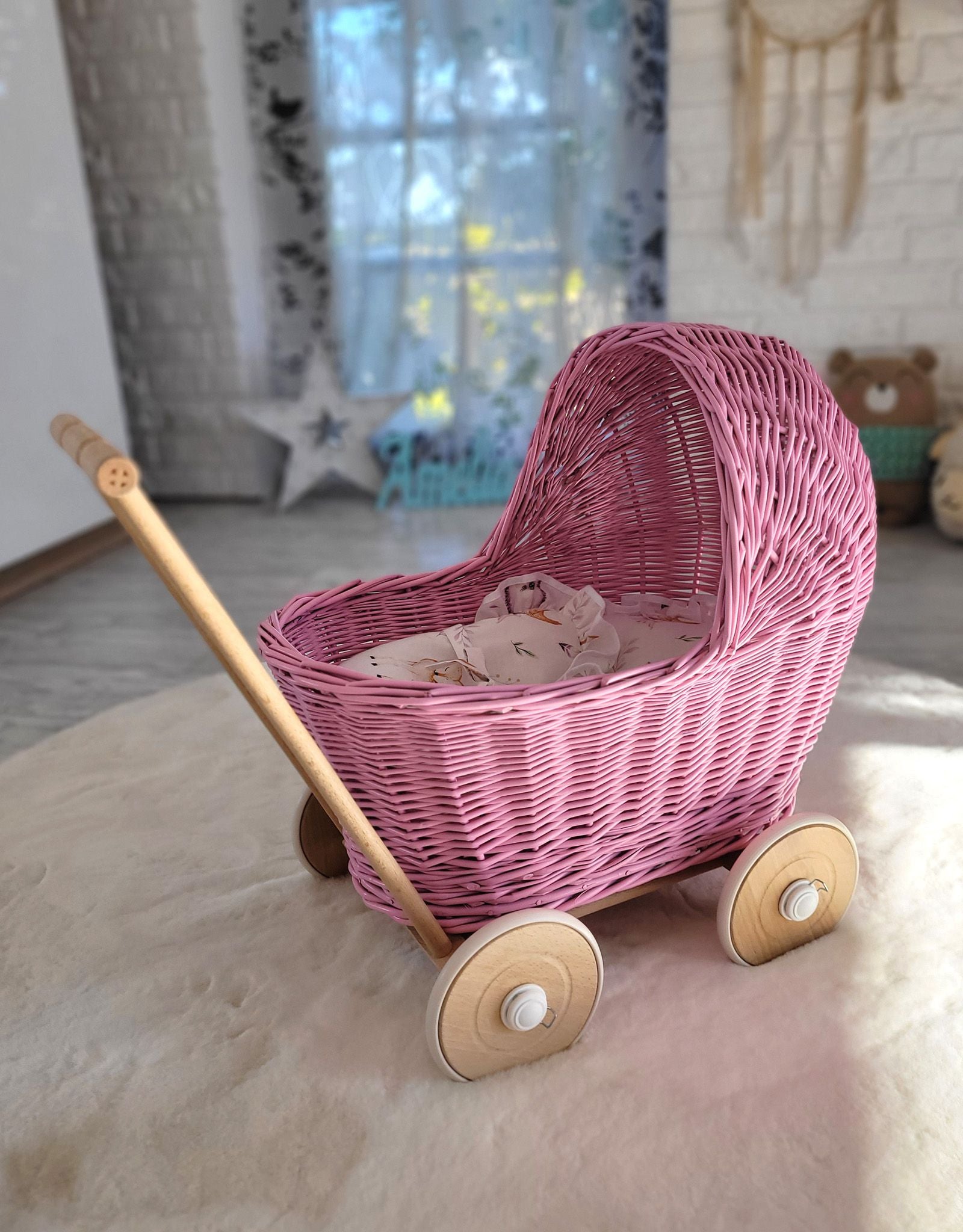 Wicker doll pushchair - pink