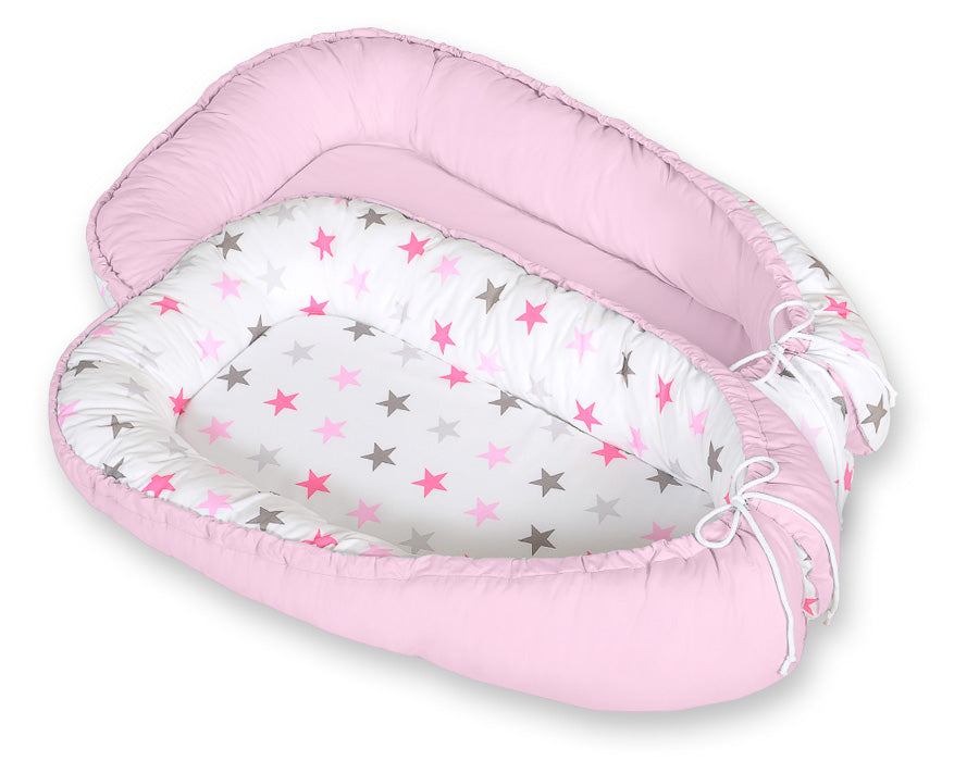 Baby nest double-sided Premium Cocoon for infants BOBONO- gray-pink stars/ gray