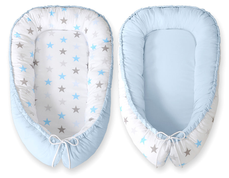 Baby nest double-sided Premium Cocoon for infants BOBONO- gray-blue stars/ blue