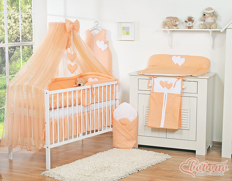Large mosquito net for baby's bed made of chiffon with hanging hearts and a bow - peach