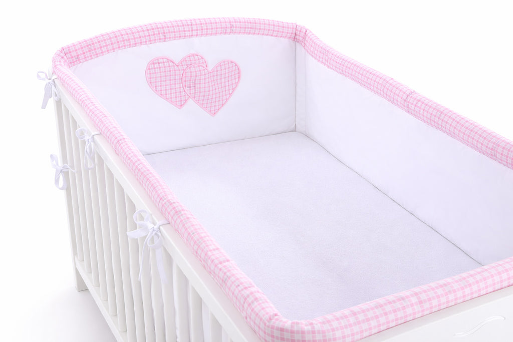 Universal crib rail bumper XXL - Hearts pink checkered