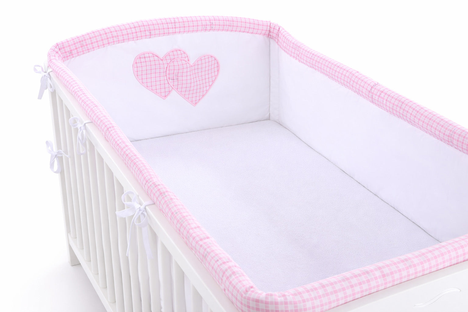 Universal crib rail bumper XXL - Hearts pink checkered