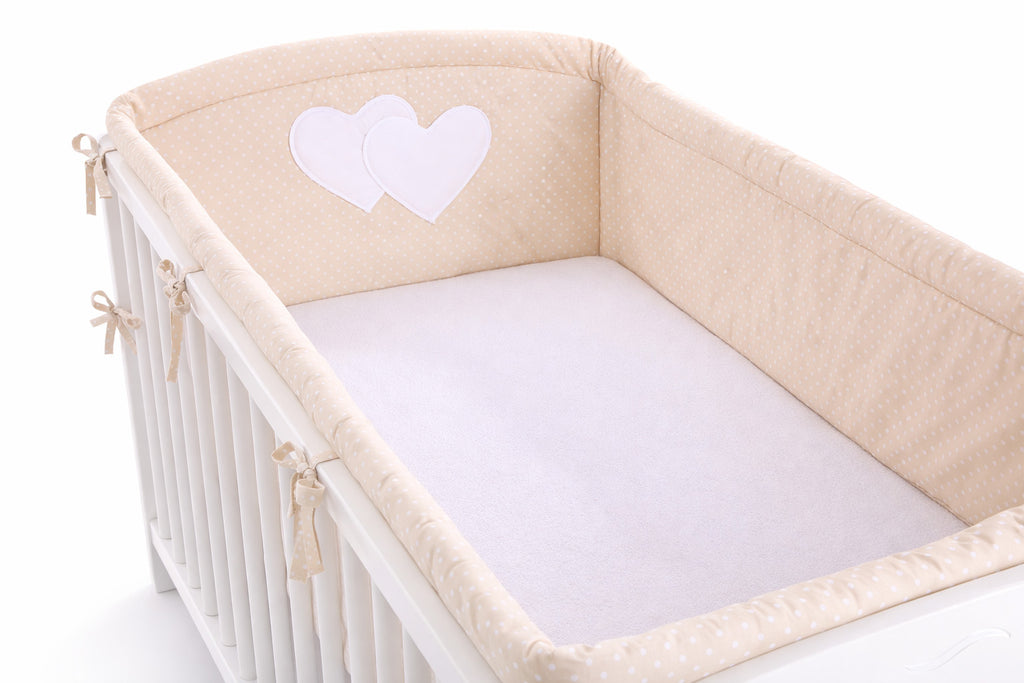 Universal crib rail bumper XXL - Hearts white polka dots on beige