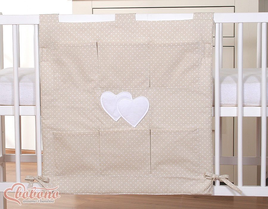 Cot tidy- Hanging Hearts white polka dots on beige