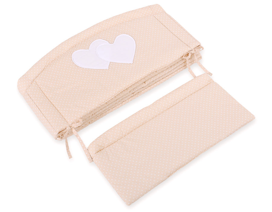 Universal crib rail bumper XXL - Hearts white polka dots on beige