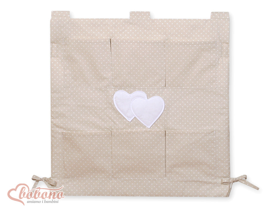 Cot tidy- Hanging Hearts white polka dots on beige