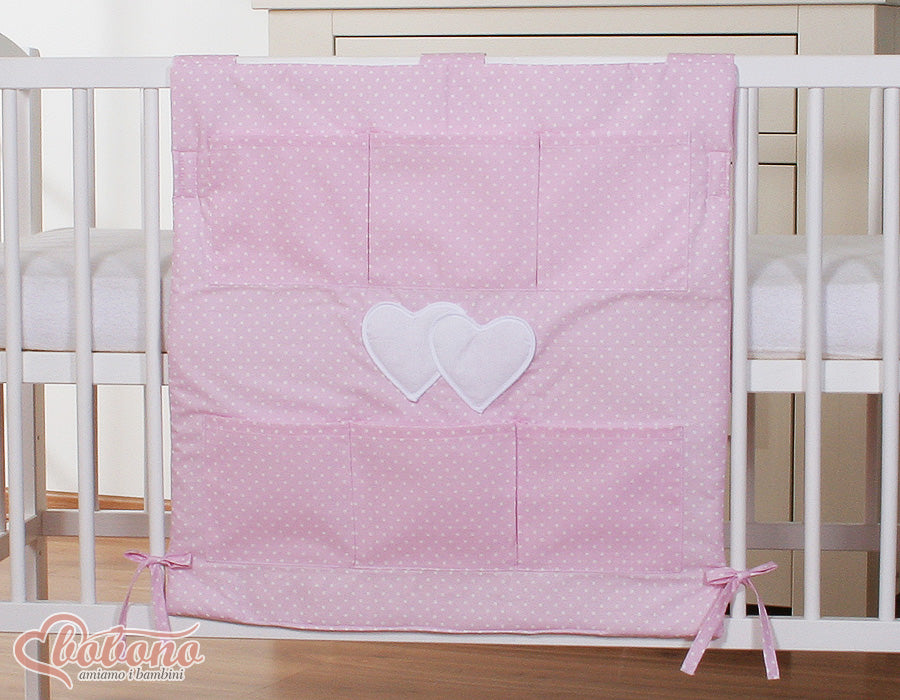 Cot tidy- Hanging Hearts white polka dots on pink