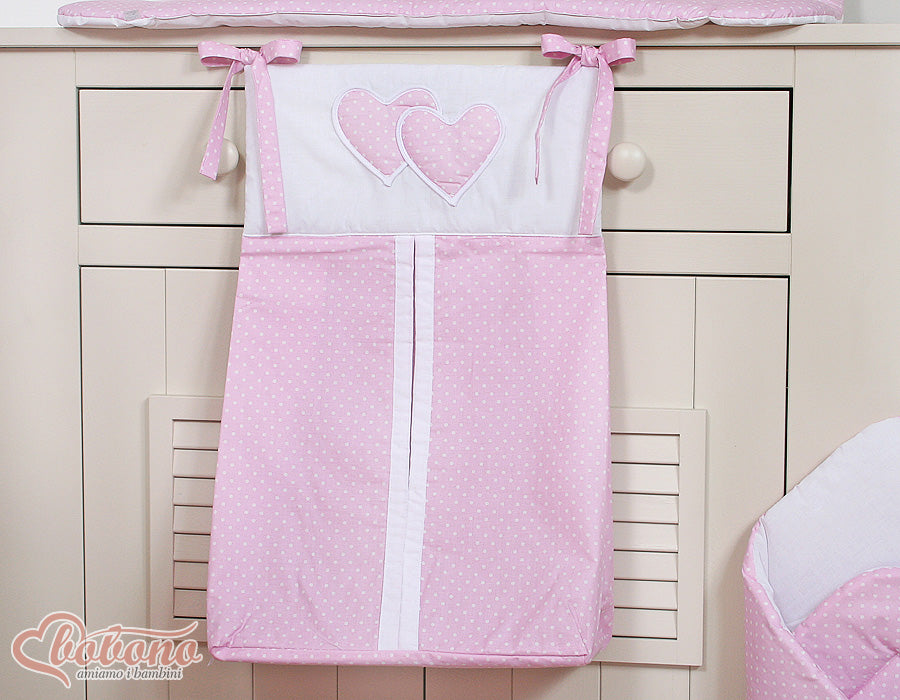 Diaper bag- Hanging Hearts white polka dots on pink
