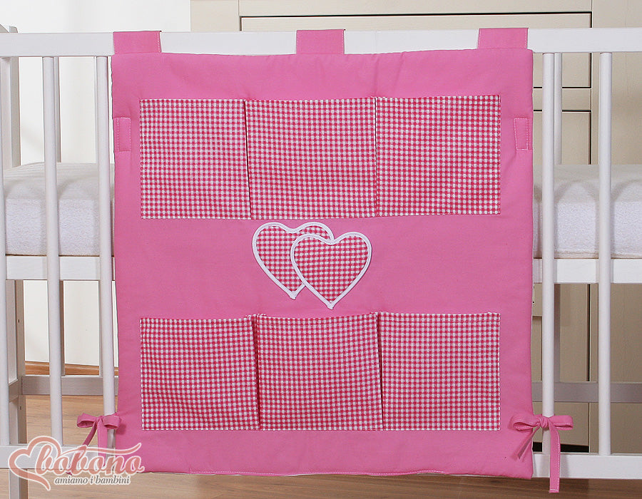 Cot tidy- Hanging Hearts dark pink checkered