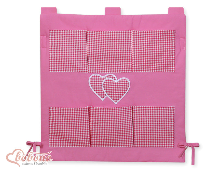 Cot tidy- Hanging Hearts dark pink checkered