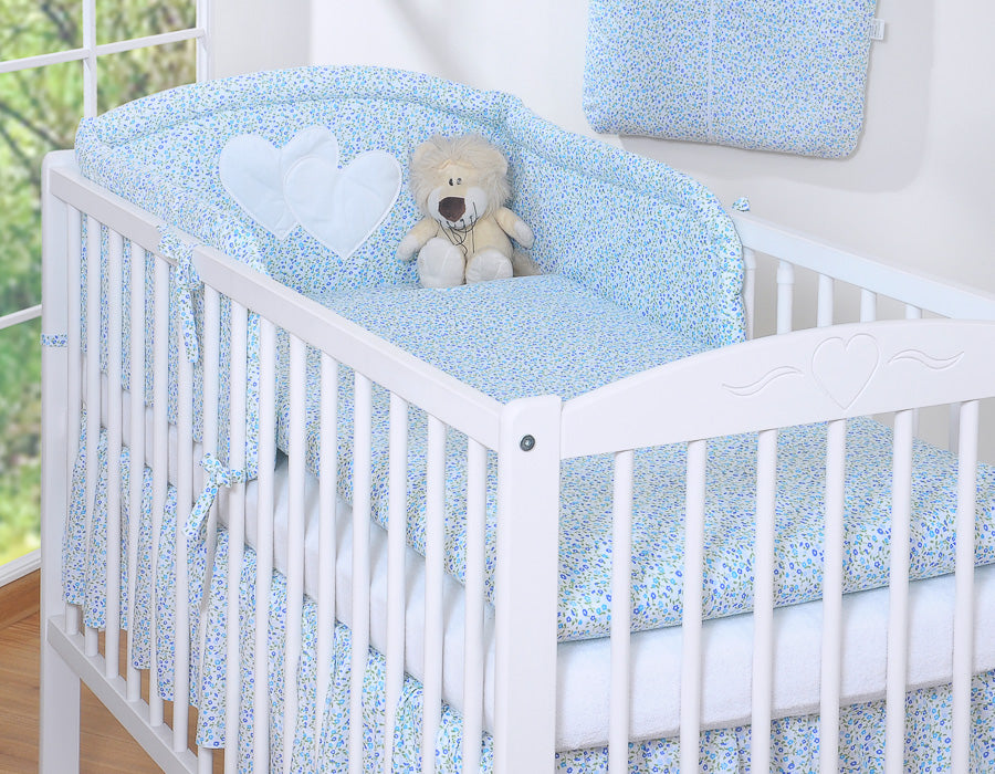 Universal crib rail bumper – Hearts blue flowers