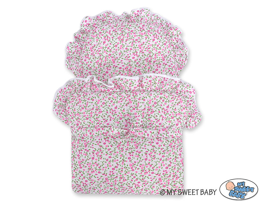 Wicker dolls' pram with pink bedding and padding NATALIA natural