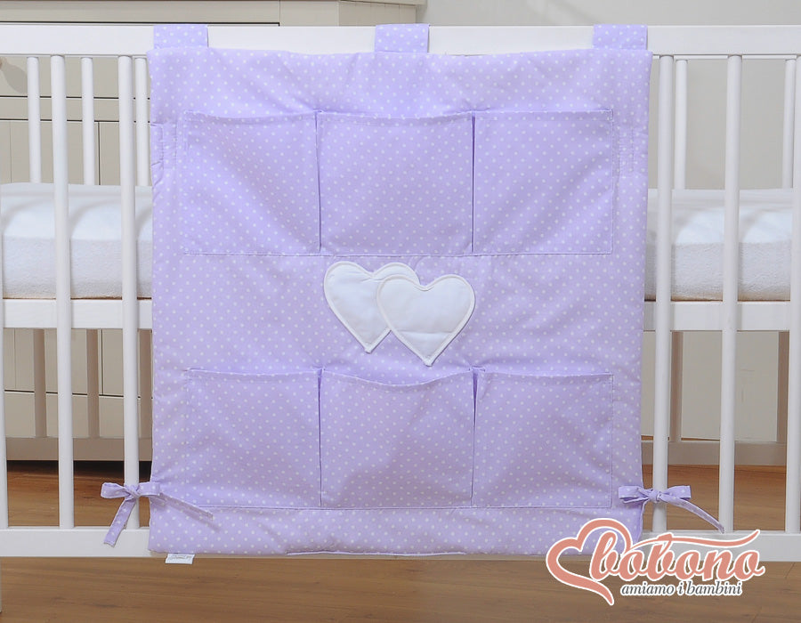 Cot tidy- Hanging Hearts white polka dots on lilac
