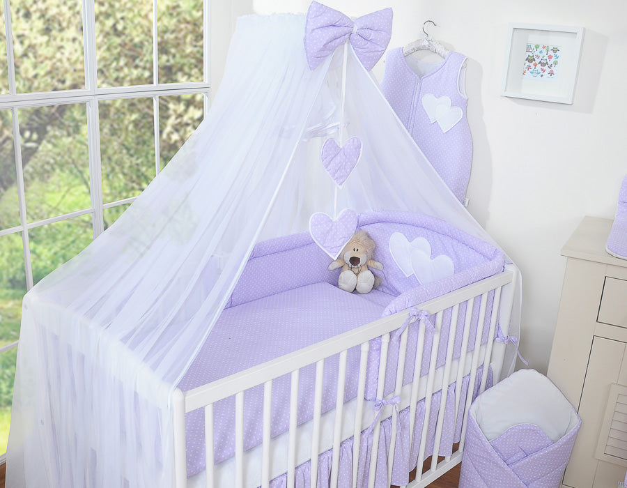 Universal crib rail bumper – Hearts white polka dots on lilac