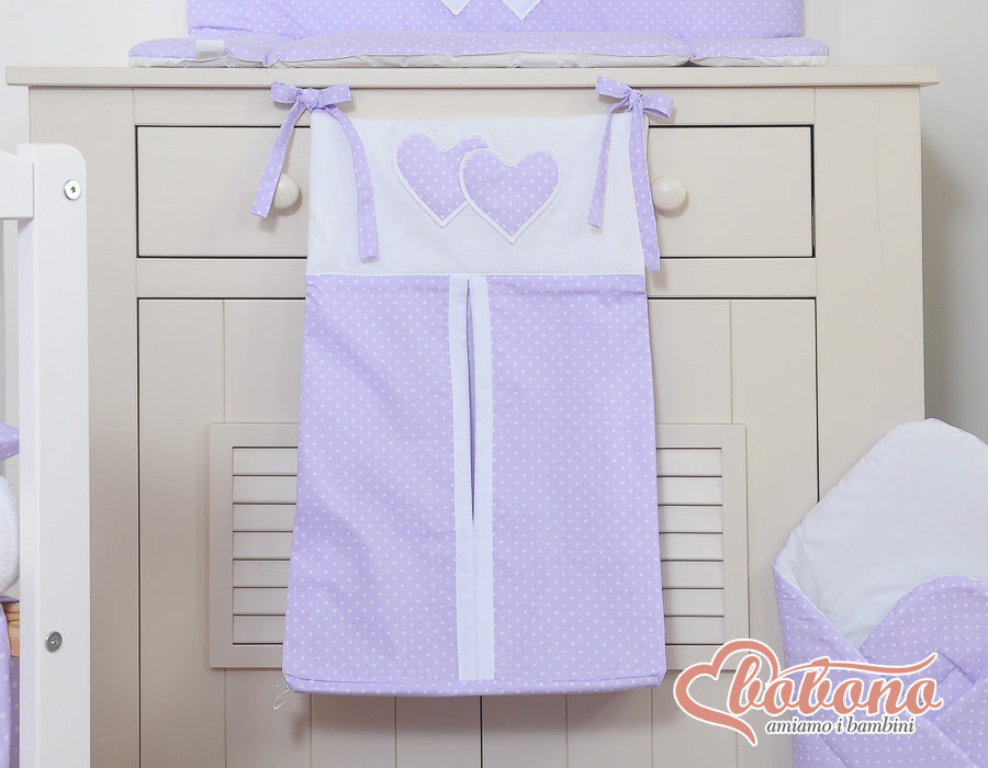 Diaper bag- Hanging Hearts white polka dots on lilac