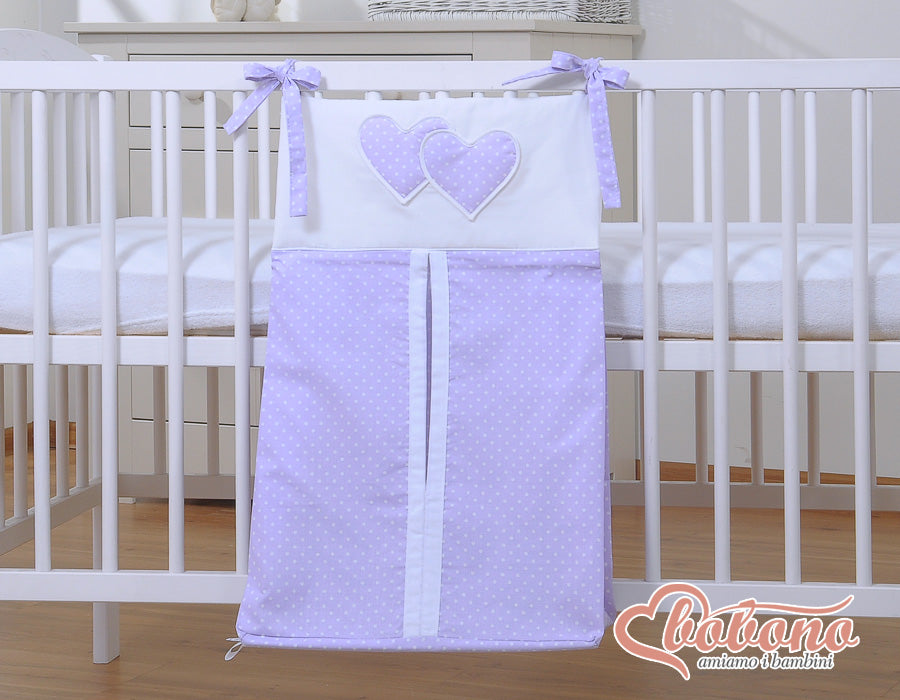 Diaper bag- Hanging Hearts white polka dots on lilac
