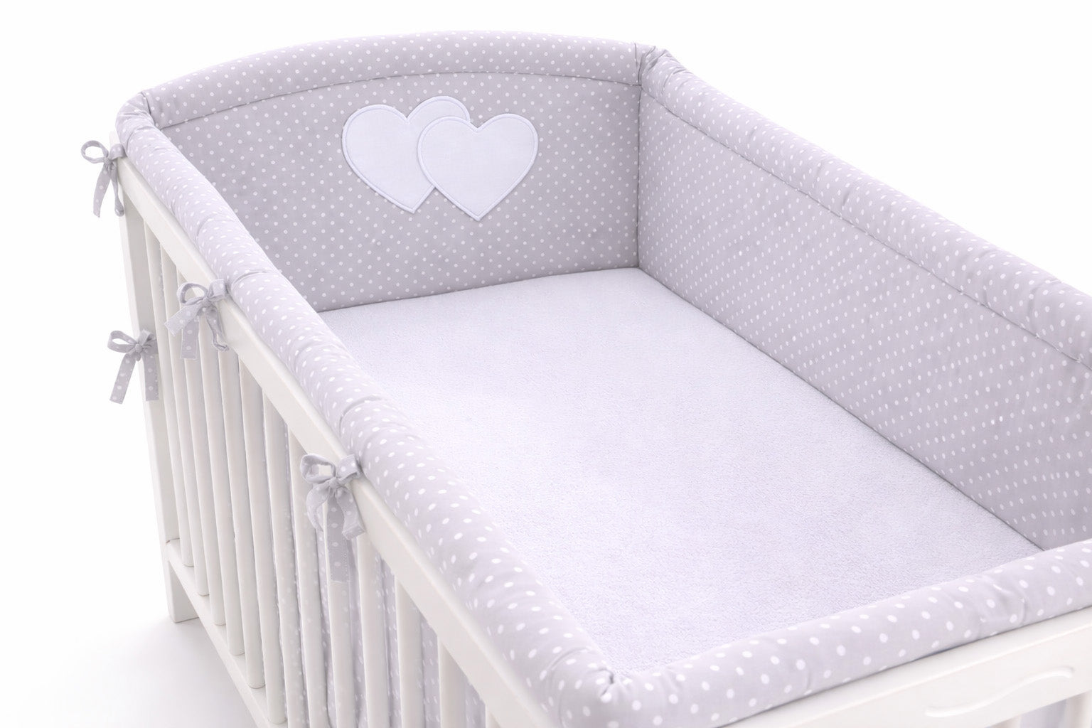 Universal crib rail bumper XXL - Hearts white polka dots on grey