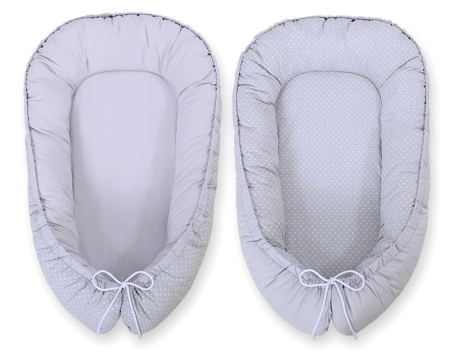 Baby nest double-sided Premium Cocoon for infants BOBONO- white polka dots on grey/grey