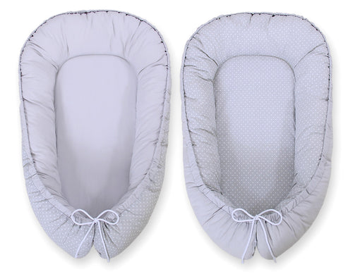 Baby nest double-sided Premium Cocoon for infants BOBONO- white polka dots on grey/grey