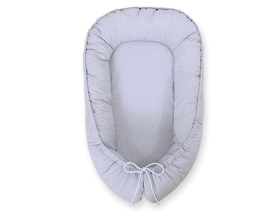 Baby nest double-sided Premium Cocoon for infants BOBONO- white polka dots on grey/grey