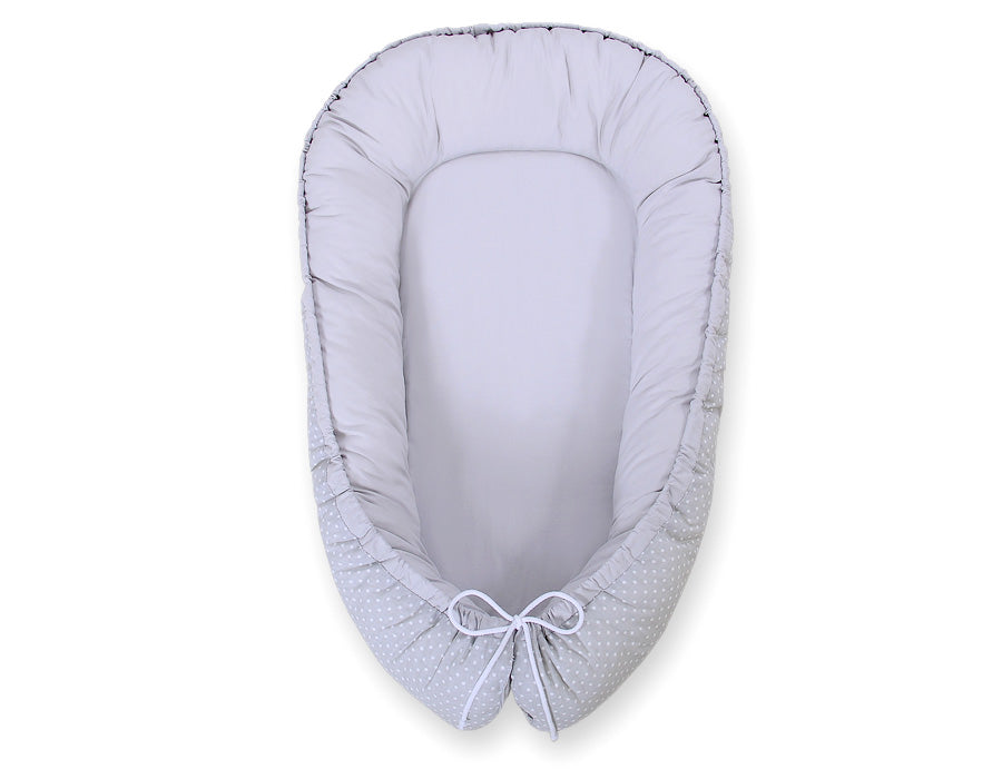 Baby nest double-sided Premium Cocoon for infants BOBONO- white polka dots on grey/grey