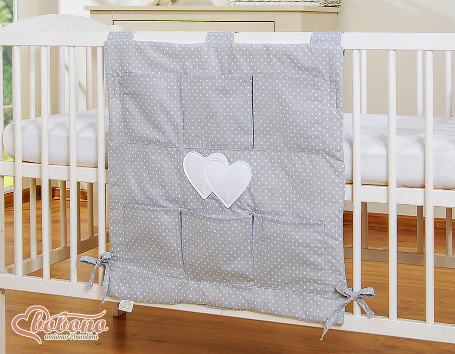 Cot tidy- Hanging Hearts white polka dots on grey