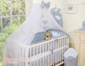Large mosquito net for baby's bed made of white chiffon with hanging hearts and a bow - dots on gray