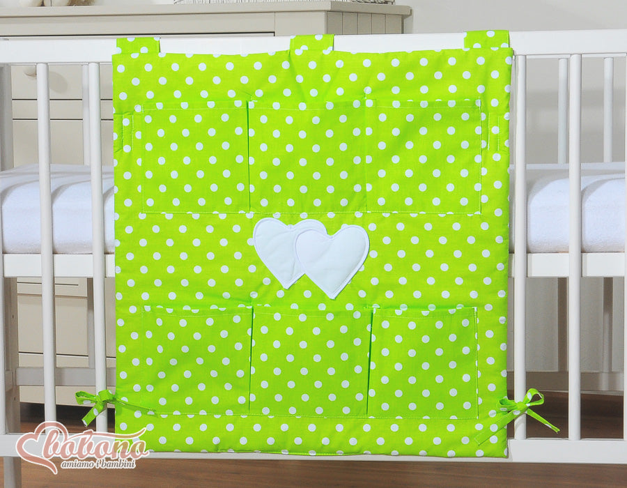 Cot tidy- Hanging Hearts white dots on green