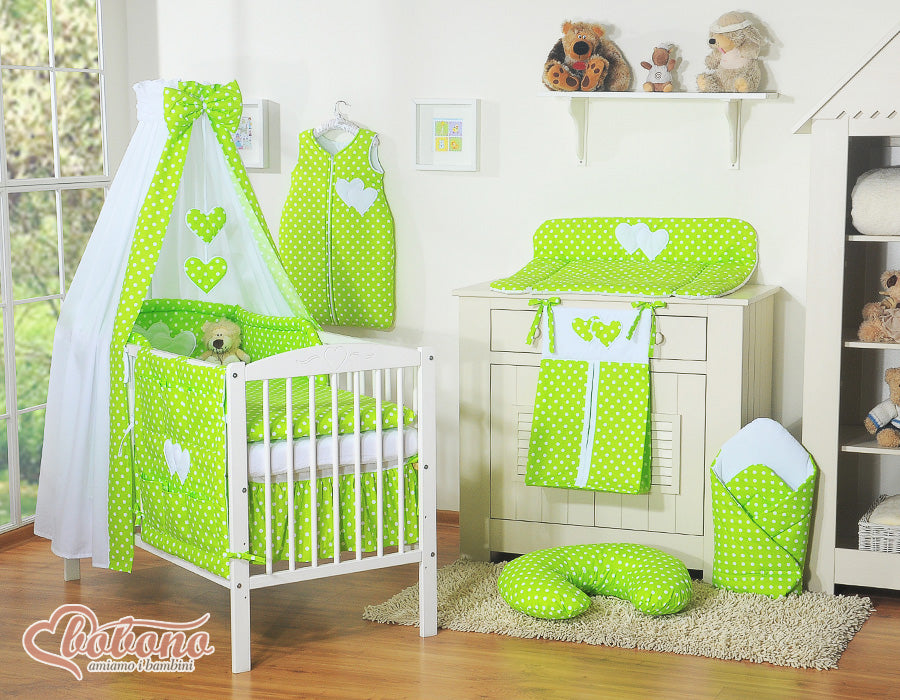 Canopy made of fabric- Hanging Hearts white dots on green