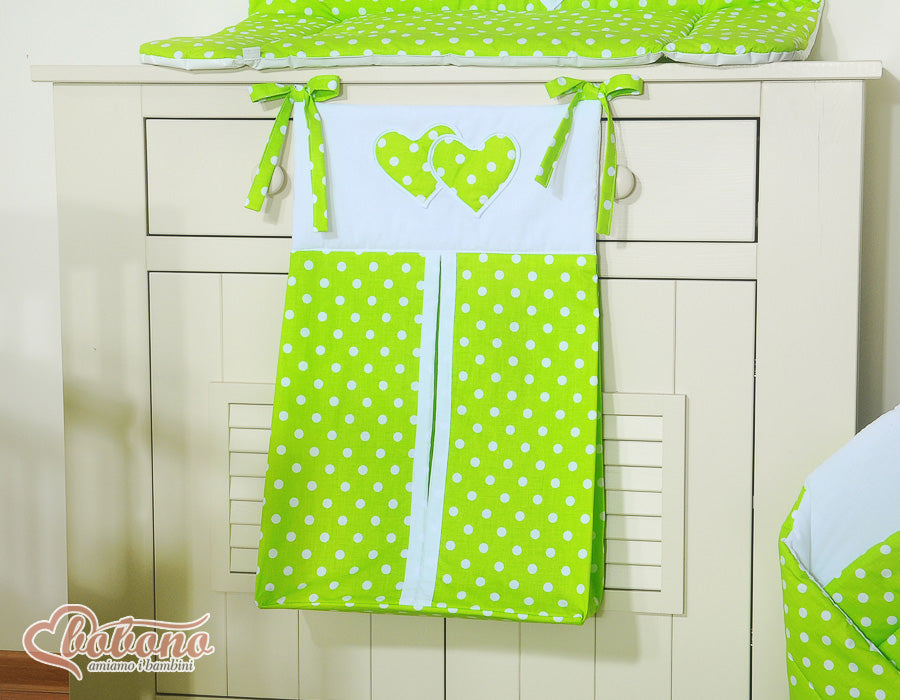 Diaper bag- Hanging Hearts white dots on green