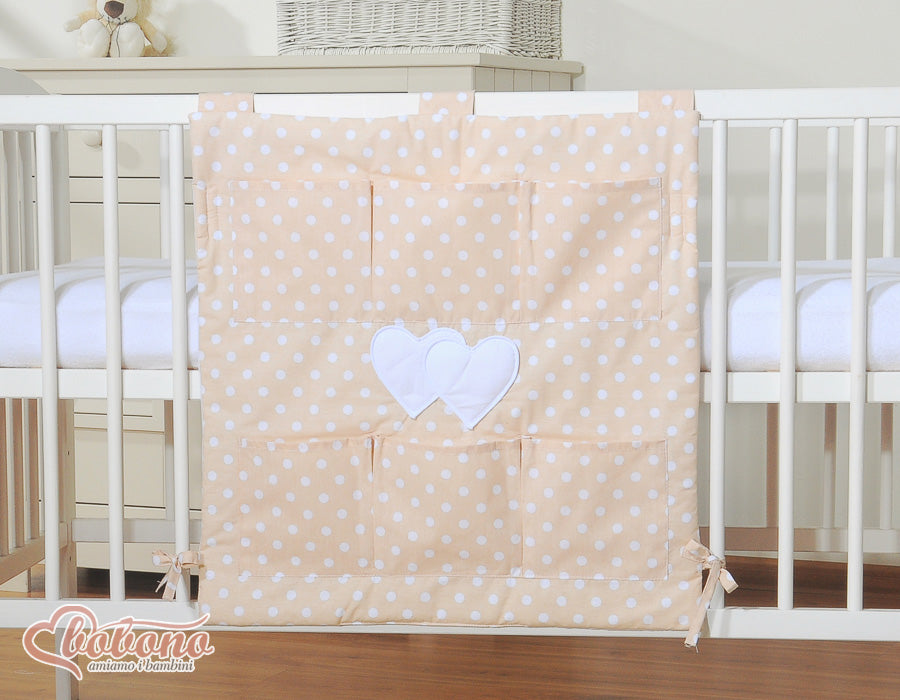 Cot tidy- Hanging Hearts white dots on beige