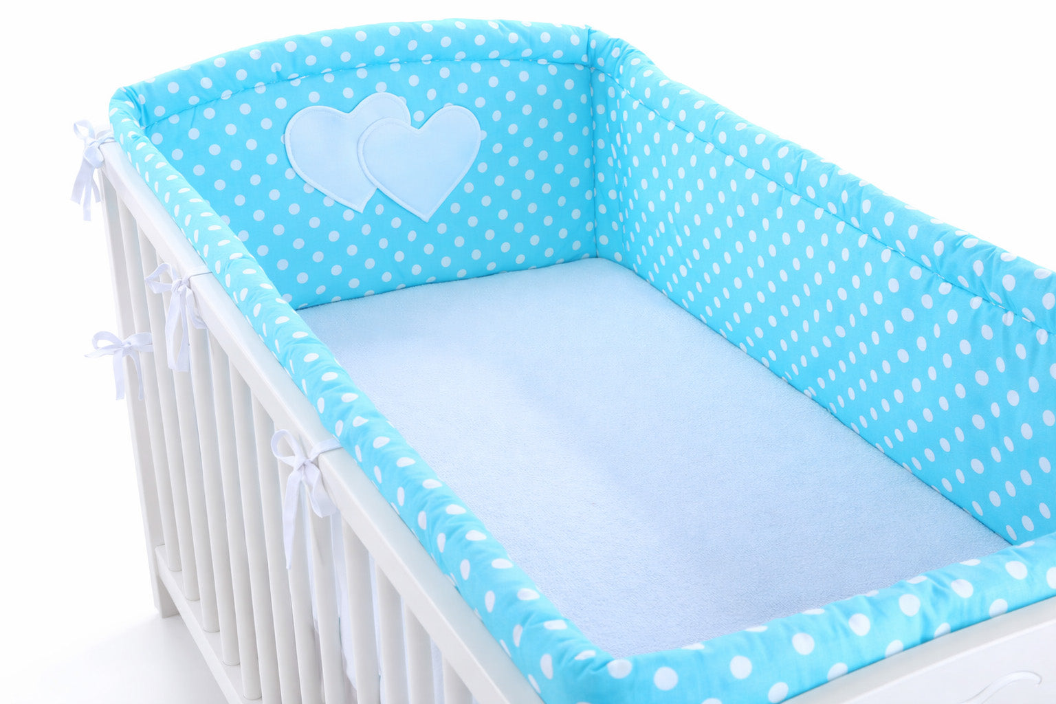 Universal crib rail bumper XXL - Hearts white dots on turquoise