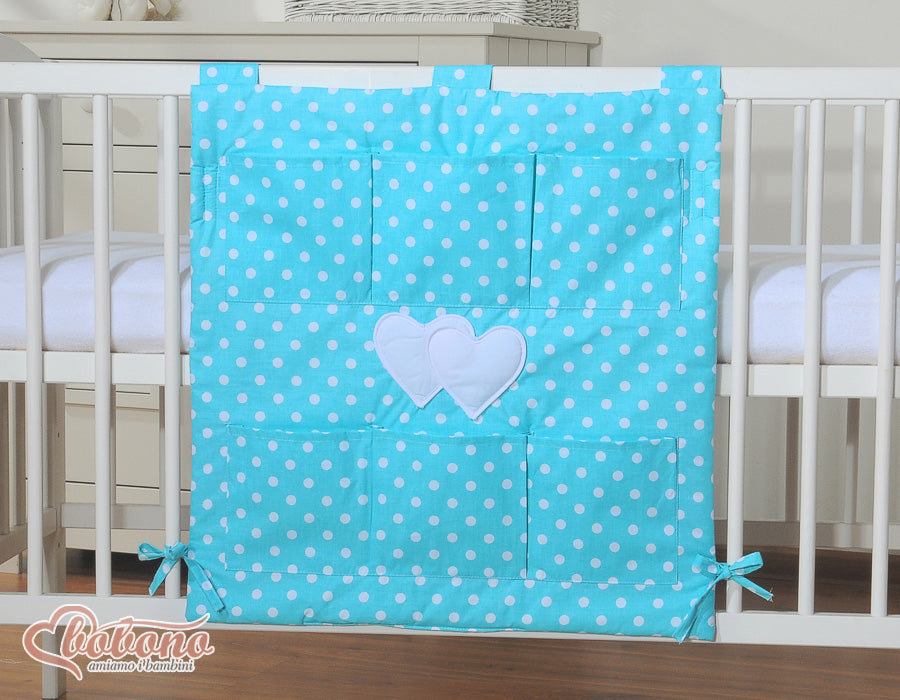 Cot tidy- Hanging Hearts white dots on turquoise