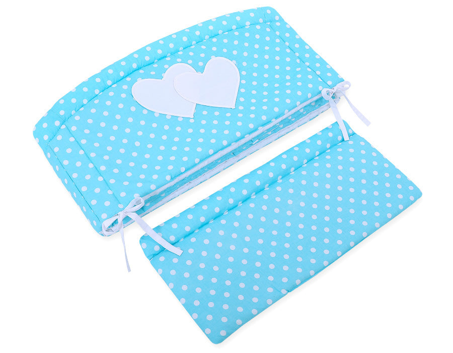 Universal crib rail bumper XXL - Hearts white dots on turquoise