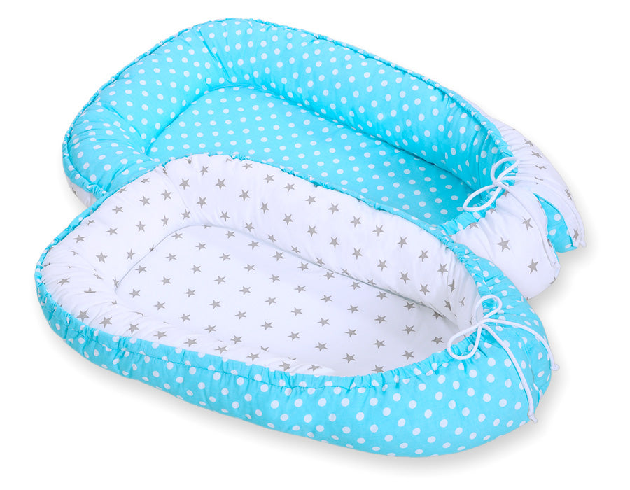 Baby nest double-sided Premium Cocoon for infants BOBONO- white dots/ grey stars