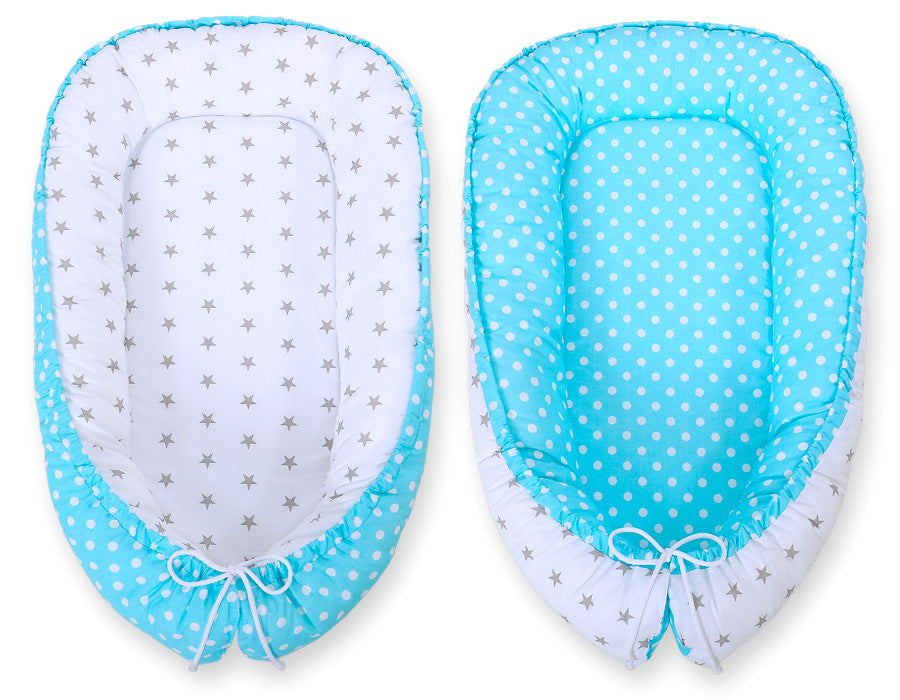 Baby nest double-sided Premium Cocoon for infants BOBONO- white dots/ grey stars