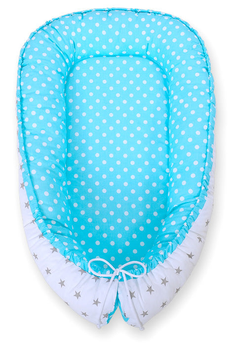 Baby nest double-sided Premium Cocoon for infants BOBONO- white dots/ grey stars