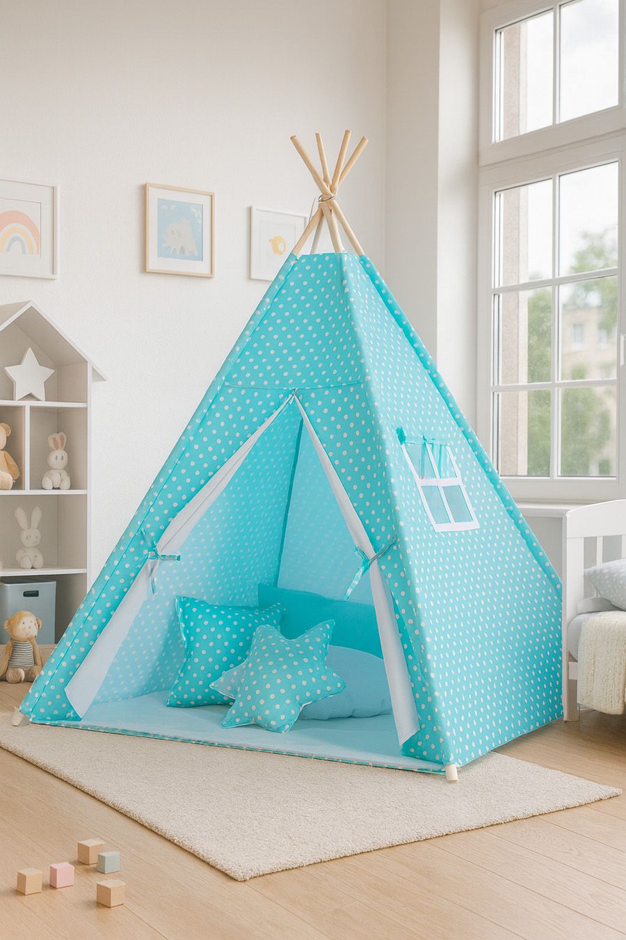 Teepee tent for kids + decorative feathers - White dots on turquoise