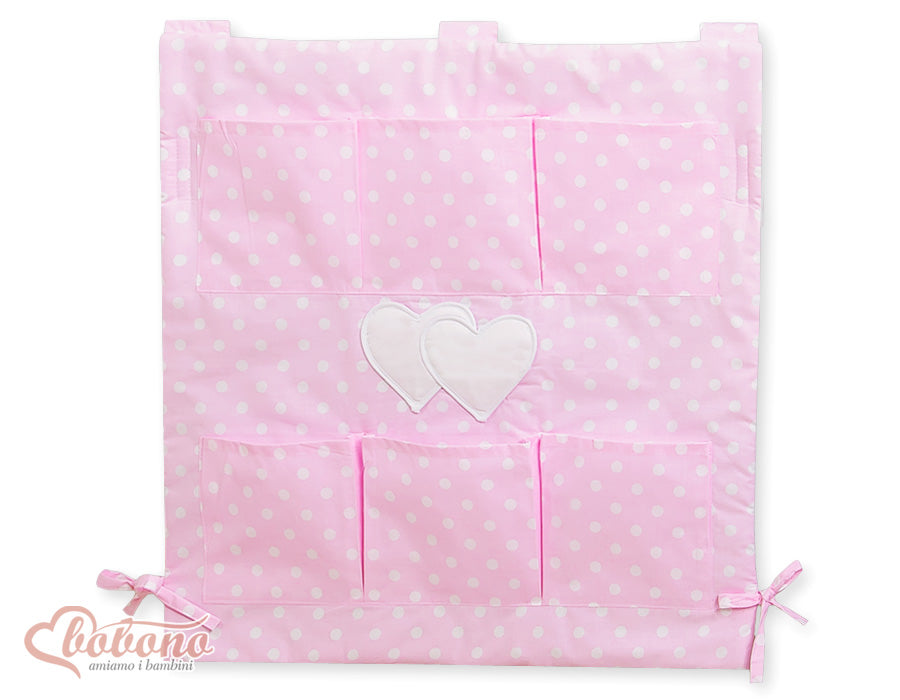 Cot tidy- Hanging Hearts white dots on pink
