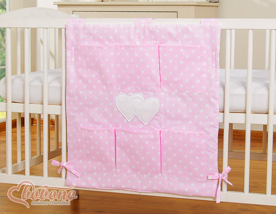 Cot tidy- Hanging Hearts white dots on pink