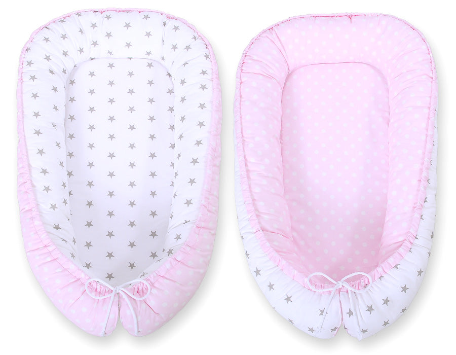 Baby nest double-sided Premium Cocoon for infants BOBONO- dots on pink/ grey stars