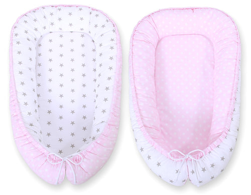 Baby nest double-sided Premium Cocoon for infants BOBONO- dots on pink/ grey stars
