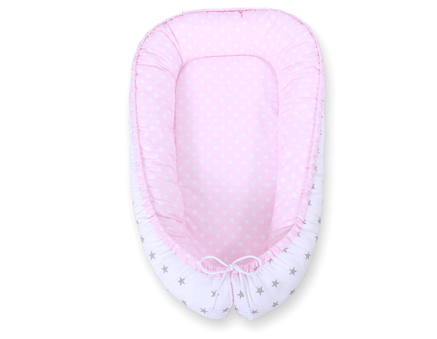 Baby nest double-sided Premium Cocoon for infants BOBONO- dots on pink/ grey stars