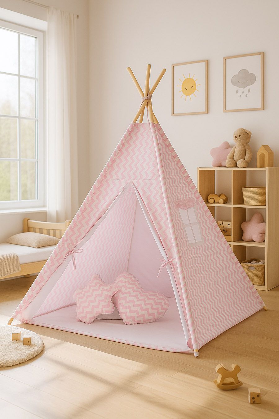 Teepee tent for kids +play mat + decorative feathers - Chevron pink